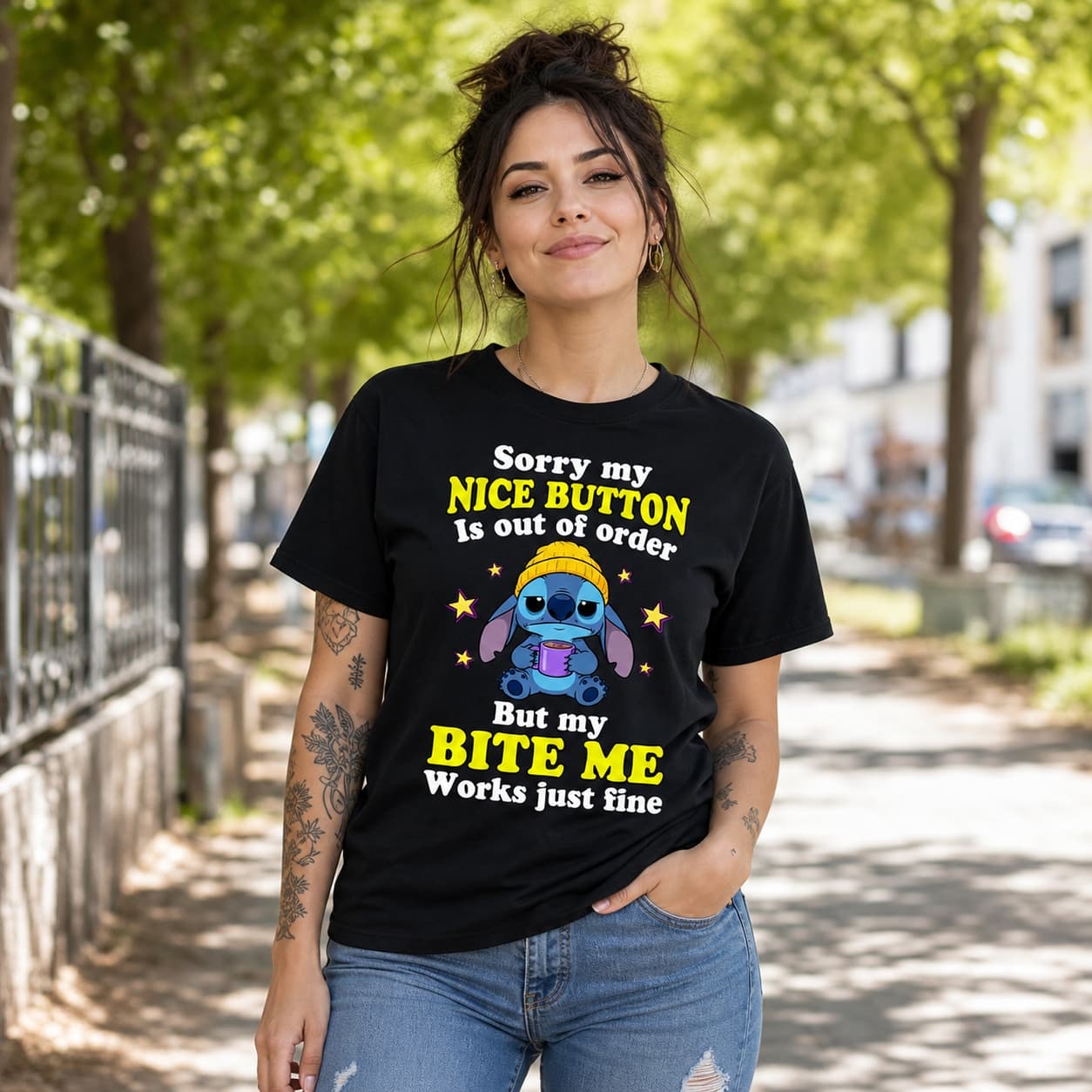 Sorry My Nice Button Is Out Of Order But My Bite Me Button Works Just Fine Stitch Shirt