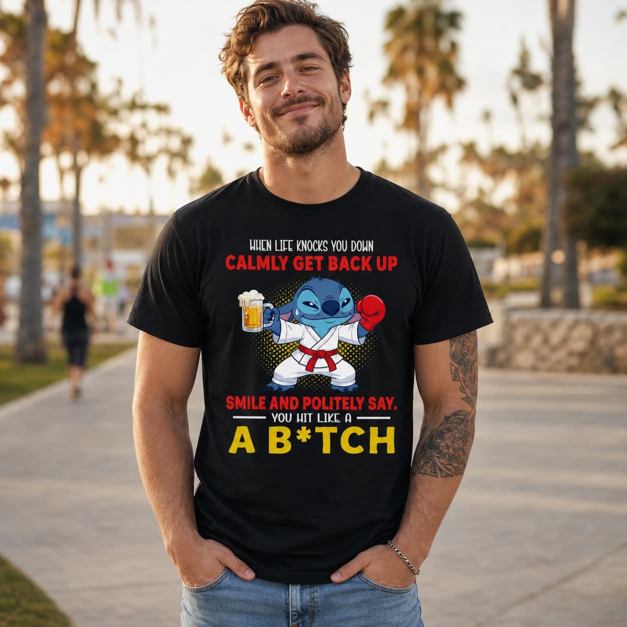 When Life Knocks You Down Calmly Get Back Up Smile And Politely Say. You Hit Like A B Tch Stitch Shirt